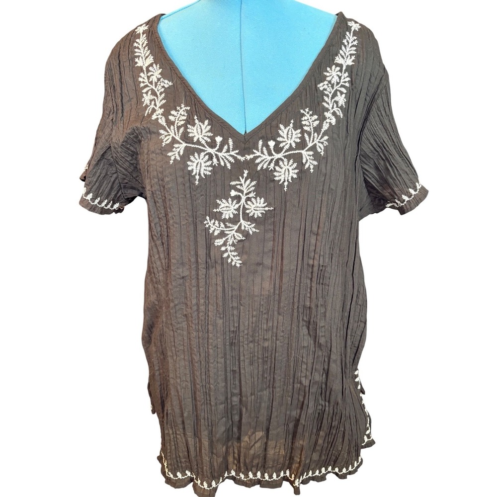 Black Crinkle Gauze Embroidered V-Neck Boho Peasant Blouse Top Vintage